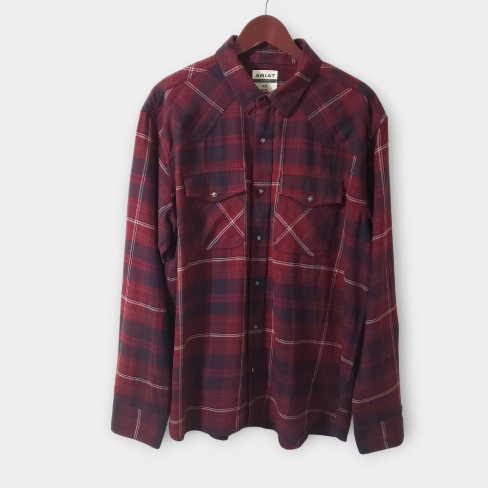 Ariat Mens Heath Retro Fit Snap Long Sleeve Flannel Western Shirt Red Plaid  XL